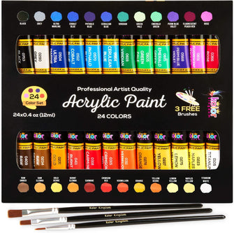 KOLOR KINGDOM Acrylic Paint Set 24 Colours Canvas Paint Kit with 3 Kids Paint Brushes for Crafts Paints, Paper, Rock Painting, Wood,Ceramic & Fabric Vibrant Colors