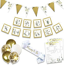 Baby Shower Unisex 25pcs Decoration Bundle Sage Green Gold - Neutral Gender Reveal Banner Garland, Bunting, Confetti, Latex Balloons And Sash For Mum To Be - Botanical Decor For Girls And Boys