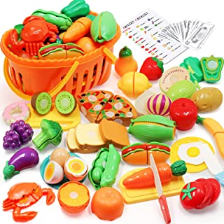 PEAINBOX Cutting Pretend Play Food Sets for Children Kitchen Toys with Basket, 67PCS Kids Kitchen Accessories Plastic Toy Food Set, Fruits and Vegetables Toys Knives, Shopping Card for Boys Girls Kids