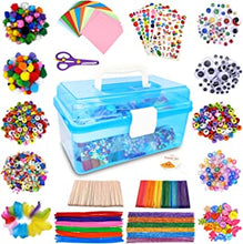 Irichna 1000+ Pcs Kids Craft Box Kit, Toddler Arts and Crafts for Kids Includes Pom Poms, Pipe Cleaners, Feather, Folding Craft Box - All in One for Kids Toddler DIY Craft Set (Blue)