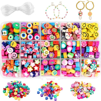 DIYDEC 300PCS Polymer Clay Beads,Fruit Smiley Handmade Beads 15 Styles Flower Letter Soft Beads for Girls Jewelry Making DIY Bracelet Necklace Earring Accessories with 4m Crystal Elastic String.