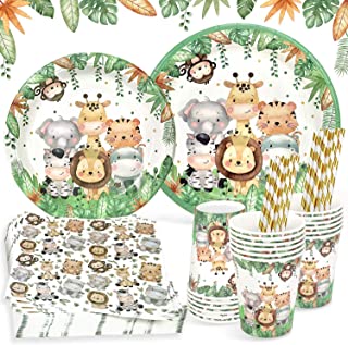 Heboland Jungle Safari Plates Set for 25 Guests, 125 Pieces of Paper Plates Cups Napkins Straws Tableware Set for Baby Shower Birthday Jungle Theme Party Decorations, Green