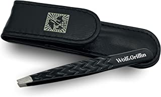 Wolf & Griffin Black Edition Ultimate Precision Tweezers with Case | Stainless Steel with Black Coating | Professional Slant Eyebrow Tweezers for Men and Women