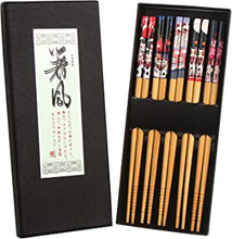 SULOLI Bamboo Chopsticks - Premium 5-Pack Japanese Reusable Chopsticks with Fortune Cat Print - Natural Food-Grade Chop Sticks for Sushi, Asian Dishes