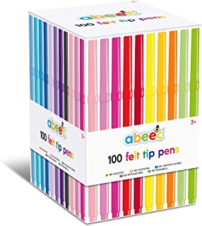 abeec 100 Felt Tip Pens – Set of 100 Assorted Felt Tips for Kids 3+ - 20 Different Coloured Pens in a Box – Colouring Set for Arts and Crafts Supplies