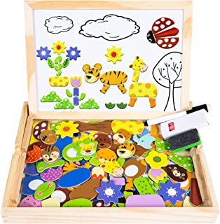 COOLJOY CL-8850 100 Pieces Wooden Magnetic Board Puzzle Games, Double Face Jigsaw& Drawing Easel Chalkboard Educational Learning Toys for Kids (Animal Pattern)