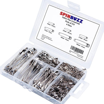 SPINBUZZ Safety Pins 6 Sizes - Pack of 315 Nickle Plated Rust Resistant Steel Strong Quality Pins For Clothing, Arts & Crafts, Sewing and Pinning