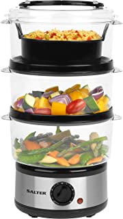 Salter EK2726Z 3-Tier Food, Meat & Vegetable Steamer, 60 Minute Timer, Removable One Pot Healthy Cooking, Compact Easy to Store Design, Includes Rice Bowl, Stainless Steel, 7.5 liters