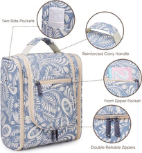 Travel Hanging Toiletry Wash Bag Makeup Cosmetic Organizer for Women (Blue Leaf (Medium))