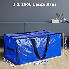 4 Pack Extra Large Strong Moving Boxes with Lid, Heavy Duty Waterproof Moving Storage Bags for House, Under Bed, Garden, Laundry Bags with Zips, Storage Bags for Duvet, Clothes, 100L, Blue