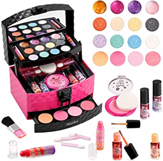 Mathea Kids Makeup Set for Girls, 30 Pcs Washable Makeup Toy Set for Age 3/4/5/6/7Years with Luxury Diamond Pattern Box Real Cosmetic Beauty Set for Kids Play Game