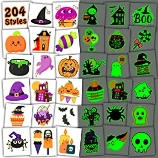 Leesgel Halloween Party Bag Fillers, 204 Sheets Individually Wrapped Luminous Temporary Tattoos for Halloween Decorations, Halloween Stickers for Halloween Birthday Supplies Games Toys Gifts Favours