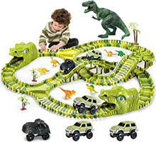 burgkidz Dinosaur Kids' Play Car Race Tracks, 260 Pcs Flexible Dinosaur Train Track with 7 Dinosaurs Figures, 3 Race Cars Vehicle Playset with Lights to Create A Dinosaur World for Boys Girls Ages 3+