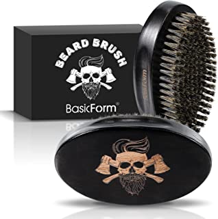 BasicForm Beard Brush for Men with Stiff Boar Bristles, Military Style, Skull and Axe Engraved, Suitable for All Types of Beard