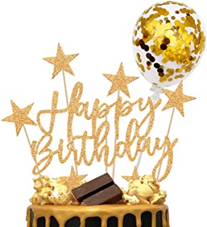 iZoeL Gold Cake Decoration Confetti Balloon Cake Topper Gold Happy Birthday Cake Topper Stars Heart Cupcake Topper for Women Man Boys Girls (gold)