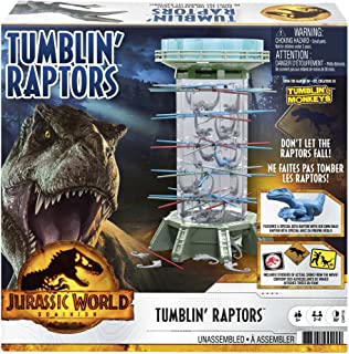 Tumblin’ Raptors Jurassic World Dominion Game with Movie Inspired Tower, Sticks and Toy Velociraptor Dinosaurs, 5y+, GWP20