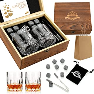 Whiskey Stones , Whiskey Glass Gift Set, Whisky Rocks Chilling Stones in Handmade Wooden Box– Cool Without Dilution – Whisky Glasses Set of 2, Gift for Dad, Husband, Men