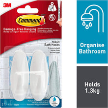 Command Bath Designer Hooks, White, Water Resistant - 2 Medium Hooks and 4 Adhesive strips - Hang Towels, Robes and other Bathroom Accessories - Ideal to avoid Drilling through Tiles