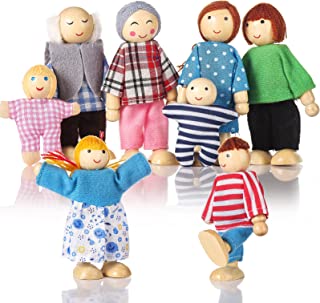 Dolls House People Family of 8 Wooden Figure Set, Small Wooden Dolls Toys for Children Girls