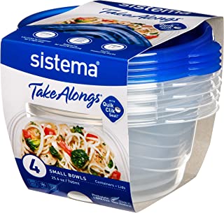 Sistema 54115 Takealongs 760ml Small Bowl 4 Pack Food Storage Containers, Clear with Blue Lid