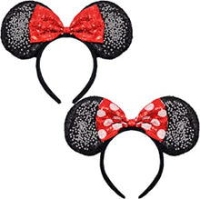 2 Pcs Mouse Ears Hair Bands for Women Girls, Uooker Black Sparkled Sequin Hair Headband with Cute Bow, Fancy Dress for Cosplay Costume Party Decoration, Beautiful Hair Accessories(Red&Black Dot)