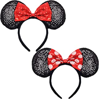 2 Pcs Mouse Ears Hair Bands for Women Girls, Uooker Black Sparkled Sequin Hair Headband with Cute Bow, Fancy Dress for Cosplay Costume Party Decoration, Beautiful Hair Accessories(Red&Black Dot)