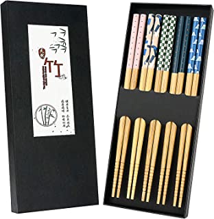 5 Pairs Japanese Natural Bamboo Chopsticks with Unique Print, Reusable Chopstick Gift Set for Sushi Rice Noodles, Chinese Tableware Washable for Dishwasher, 8.85 Inches Length