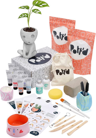 Pott'd Home Air-Dry Clay Pottery Kit for Beginners, Pottery Kit for Adults. Kit Includes: Air-Dry Clay, Tools, Paints, Brushes, Sealant, How-to-Guide, Air Drying Clay Kit, Gift - Pastel Paints