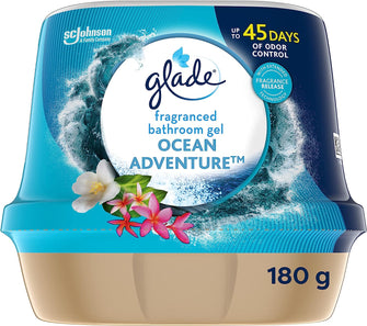 Glade Fragranced Bathroom Gel, Bathroom Air Freshener & Discreet Odour Eliminator, Ocean Adventure, 180 g, Packaging May Vary