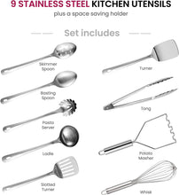 FineDine Kitchen Utensils Set - 10-Piece, Stainless-Steel Cooking Utensils w/Spoons, Whisk, Spatula, Tongs, Ladle, Masher & Cooking Utensils Holder - Kitchen Accessories, Gadgets and Tools