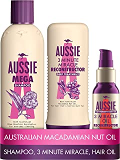 Aussie Mega Shampoo and Conditioner Set with Clarifying Shampoo, 3 Minute Miracle Deep Conditioner and Hair Oil, for Damaged Hair, with Australian Blue Mountain Eucalyptus Extract, Cruelty-free