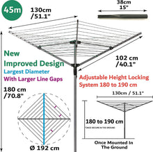 Home Treats Rotary Airer Clothes Line With 4 Arms For Drying Washing Outdoors Folding Washing Line With Free Ground Spike and Cover (45m)