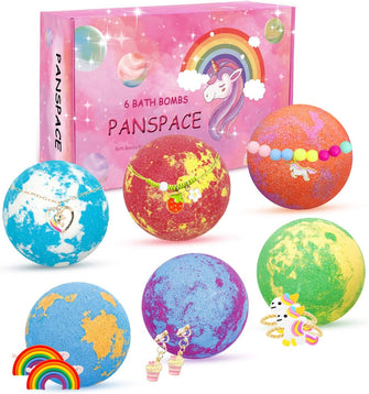 Panspace Bath Bombs Gift Set for Kids, 6 Natural Kids Bath Bombs with Surprise Toy Inside, Handmade Spa Fizzies Bath Bombs for Girls with Unicorn Jewellery, Birthday Christmas Gifts for Kids Girls