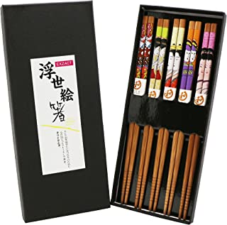 Exzact Chopsticks Gift Set - 5 Pairs of Reusable Natural Bamboo Chopsticks in a Beautiful Black Handmade Box - Decorated Japanese Style