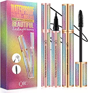 QIC Starry Sky Mascara Eyeliner Set 4D Silk Fiber Eyelash Mascara with Liquid Eyeliner Kit Waterproof Sweat-proof SmudgeProof Long Lasting Quick Drying Perfect Eyes Makeup Set