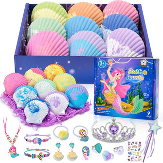 Tacobear Shell Bath Bombs for Kids with Surprise Inside Mermaid Jewellery Toy Crown Wand Tattoos, Mermaid Bath Bomb Gift Set Natural Spa Bath Fizzies Easter Christmas Birthday Gifts for Girls Women