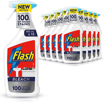 Flash Bleach Spray Multi Purpose Cleaner, 8 Litres (800 ml x 10), Stain & Grease Remover, Eucalyptus Scent