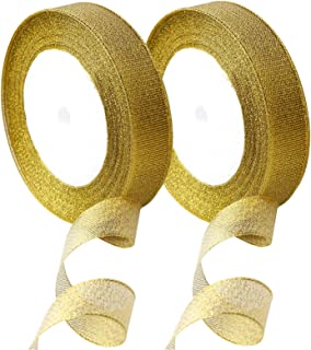 2 Pack Gold Organza Christmas Ribbon,25 Yards 20mm Wide Glitter Trimmings Decorative Wrapping Ribbons for Christmas Thanksgiving Gift,Crafts