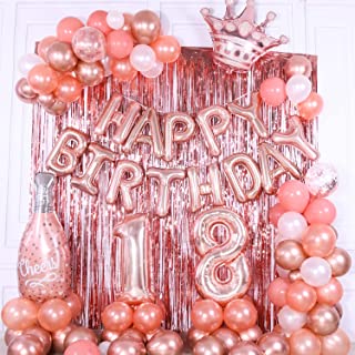 Rose Gold 18th Birthday Decorations for Girls, 40in 18th Birthday Balloons, 18th Happy Birthday Balloon Banner, Rose Gold Balloon Arch Kit Fringe Curtains Party Decorations Pink White Balloons