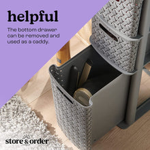Store & Order Slimline 3 Drawer Tower - Slim & Narrow Plastic Drawers, Perfect Storage Unit for Bathroom, Hallway, Office, Wardrobe or Utility Room, Grey Rattan Design