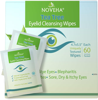 Tea Tree Oil Eyelid & Lash Wipes  With Hyaluronic Acid, Green Tea & Chamomile For Blepharitis & Itchy Eyes, Box Of 60 Individually Wrapped Eyelash Wipes, Natural Makeup Remover & Daily Cleanser