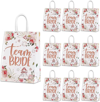 10 Pcs Hen Party Bags - Floral Team Bride Bags with Handle, Rose Gold Foiled Hen Do Paper Bags Wedding Paper Party Bags for Wedding Bridal Shower Bachelorette Party Favour Hen Do Accessories