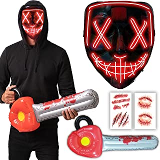 4pcs LED Purge Mask & Chainsaw Halloween Costume - Halloween Costumes For Men - 3 Lighting Modes - Adult & Teen One Size Fits All - 2022 Trending Fancy Dress - UK Based Brand