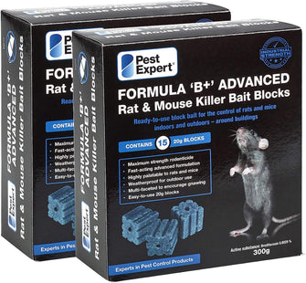 Pest Expert Formula 'B+' Advanced Rat & Mouse Killer Poison Bait Blocks 600g (2 x 300g) - Premium Single Feed Brodifacoum, Strongest Available Online (1)