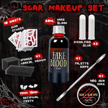 Ulikey Halloween Makeup Set, 60ml Fake Blood Makeup, Scar Wax 40g,10 Sheets Halloween Scars Temporary Tattoos, 4 pairs Dentures, Special Effects Makeup Kit for Halloween Costume Zombie Party