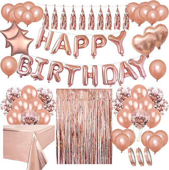 Areebz 82pc Rose Gold Birthday Party Decorations, Happy Birthday decoration banner Latex Confetti Star Heart foil Balloons tassel curtain tablecloth for Girls Women Party Supplies