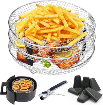 REKALRO Deepened Air Fryer Rack 3 Pcs for Ninja, Stackable Round Air Fryer Accessories, 304 Stainless Steel Multi-Layer Dehydrator Rack, Compatible with 4.8L-6.6L Tower Air Fryer Accessories