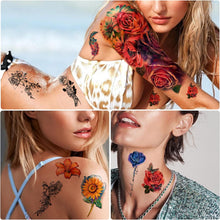 Metuu 49 Sheets Black Half Sleeve Waterproof Temporary Tattoo for Adult Men and Women, 3D Flower Animal Fake Tattoo Stickers for Teen Girls Body Hand Shoulder Chin Neck