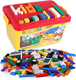 Building Bricks 520 Pieces Set, 500 Basic Building Blocks in 17 Shapes Includes Wheels, Door, Window, Bulk Block with Reusable Storage Box and Building Base Plate, Compatible to All Major Brands