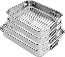 New 4 Pcs Professional Stainless Steel Roasting Trays with Removable Rack Pan Kitchen Cooking Baking Sturdy Handles Built to Last for Years Oven Roasting Pan with Grill